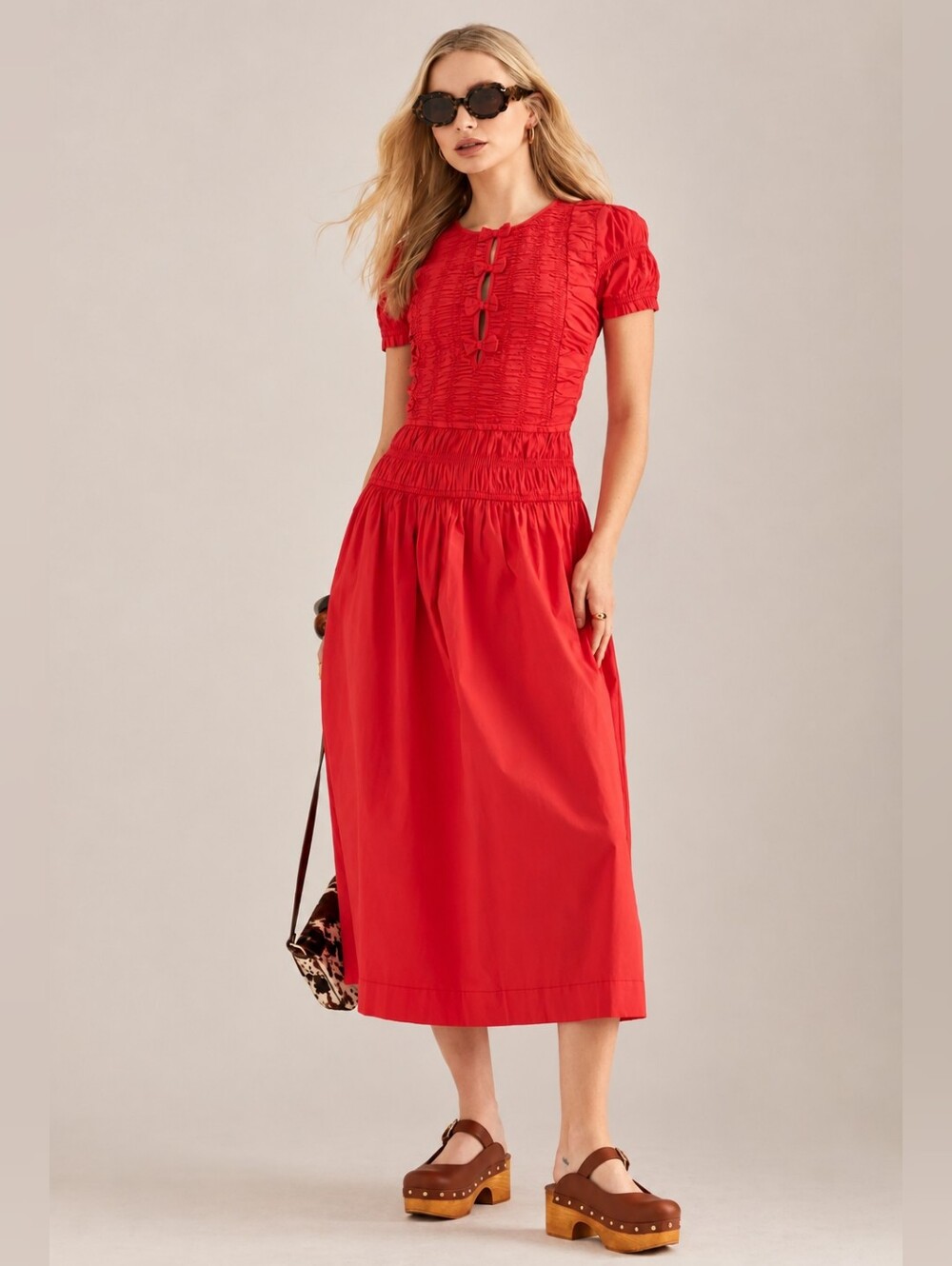 Damson Madder Saffy Smocked Drop Waist Midi Dress Red Alert Cotton
